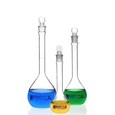 Laboratoriya 3.3 Boro 100ml 250ml 500ml A sinfidagi shisha hajmli kolba, plastik qopqoqli